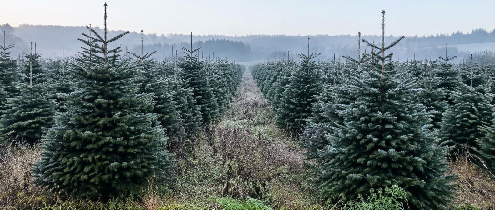 Rows of Nordmann firs on a Danish plantation under a light winter frost